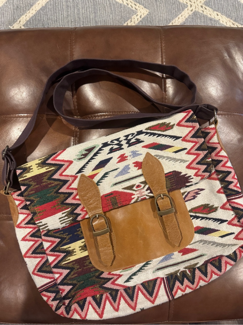 EARTHBOUND Multicolor Aztec Canvas Crossbody with Brown Leather Trim